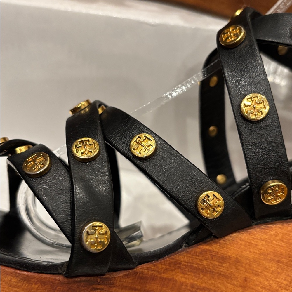 Tory Burch Women's Black Leather Studded Wedge Sandals - Picture 8 of 12